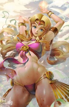 1girl armlet armpits arms_up artist_name bikini blonde_hair blue_eyes bracelet breasts circlet cloud cloudy_sky cowboy_shot cutepet earrings female_focus highres jewelry long_hair looking_at_viewer medium_breasts navel nintendo princess_zelda sky solo standing swimsuit the_legend_of_zelda triforce