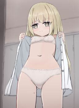 1girl blonde_hair blush bow bow_bra bow_panties bra breasts ceiling collarbone crotch_seam eyes_visible_through_hair from_below grey_bow grey_bra grey_eyes grey_panties locker locker_room loli long_hair mole mole_on_thigh navel open_clothes open_shirt original panties polka_dot polka_dot_bra removing_shirt shirt shooko small_breasts standing underwear undressing white_shirt