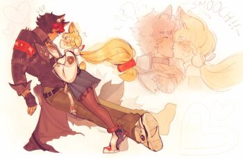 1boy 1girl afterimage alice_thymefield animal_ear_fluff animal_ears black_gloves black_hair black_jacket blonde_hair blush brown_pantyhose cargo_pants closed_eyes collar commentary dog_boy dog_ears english_commentary eye_contact fingerless_gloves from_side full_body gloves green_pants green_skirt hair_between_eyes hair_ornament hand_on_another&#039;s_chest heart hetero highres invisible_wall jacket kiss komano_manato long_hair looking_at_another low_twintails motion_lines multicolored_hair muscular muscular_male pants pantyhose papertrlck parted_lips pectorals portrait rabbit_ears rabbit_girl rabbit_tail red_eyes red_hair shirt short_hair shorts skirt sphere_hair_ornament spiked_jacket steam sweatdrop tail tail_wagging twintails white_shirt white_shorts yellow_eyes zenless_zone_zero