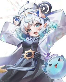 Rule 34 | 1girl, absurdres, belt, black dress, blue eyes, blue gloves, blunt bangs, blush, bow, breasts, coat, cosplay, dress, fang, gloves, gradient hair, green hair, gwynn (pokemon), gwynn (pokemon) (cosplay), hat, highres, indie virtual youtuber, long sleeves, looking at viewer, mega stone, mint fantome, multicolored hair, nintendo, o-ring, o-ring belt, open clothes, open coat, open mouth, partially fingerless gloves, pointy ears, pokemon, pokemon legends: z-a, second-party source, skin fang, smile, sobbi11, virtual youtuber, whiskers, white coat, white hair, wisps (mint fantome)