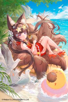 1girl amagi-chan_(azur_lane) animal_ears azur_lane bad_source bare_shoulders beach bird breasts brown_hair brown_tail coconut eyewear_on_head fox_ears fox_tail geta highres kitsune manjuu_(azur_lane) navel official_art seagull small_breasts solo sunglasses swimsuit tail
