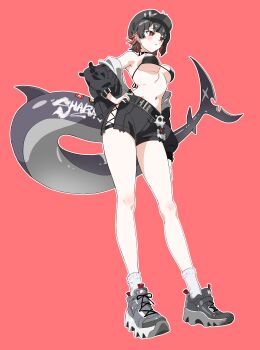 1girl absurdres belt bikini black_belt black_bikini black_hair black_hat black_jacket black_shoes black_shorts black_tail breasts closed_mouth commentary_request ellen_joe fins fish_tail hand_on_own_hip hat highres jacket large_breasts matsuokalive10 mole mole_under_eye navel red_background red_eyes shark_tail shoes short_hair shorts simple_background sneakers solo standing stomach swimsuit tail thighs zenless_zone_zero