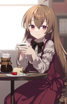 1girl absurdres ahoge black_bow blush bow bowtie braid brown_hair cake coffee coffee_pot cup dress food fork fruit highres hiraga_matsuri holding holding_cup long_hair long_sleeves looking_at_viewer low-braided_long_hair low-tied_long_hair original pink_eyes plate puffy_sleeves red_dress sitting smile solo strawberry table very_long_hair