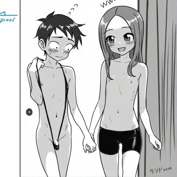 1boy 1girl absurdres bike_shorts bikini blush cameltoe crossdressing embarrassed exhibitionism flat_chest greyscale highres holding_hands karakai_jouzu_no_takagi-san lander0808 legs loli long_hair male_swimwear_challenge micro_bikini monochrome navel nipples nishikata penis public_indecency short_hair shorts shota slingshot_swimsuit small_penis standing stomach swimsuit takagi-san testicles thighs topless_female