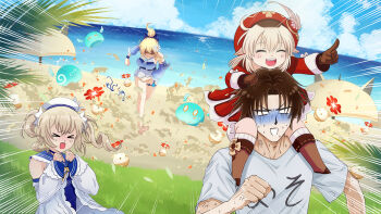 >_< 1boy 3girls :d >_< ^_^ anger_vein artist_self-insert barbara_(genshin_impact) barbara_(summertime_sparkle)_(genshin_impact) beach blonde_hair blue_one-piece_swimsuit blue_sky boots bow braid brown_footwear brown_gloves brown_hair newsboy_cap carrying carrying_person chasing closed_eyes cloud cloudy_sky clover_print coat detached_sleeves fleeing genshin_impact gloves hair_bow hair_ribbon hat hat_feather hat_ornament horizon jean_(genshin_impact) jean_(sea_breeze_dandelion)_(genshin_impact) jumpy_dumpty klee_(genshin_impact) knee_boots kneehighs light_brown_hair multiple_girls ocean one-piece_swimsuit open_mouth original pointing ponytail red_coat red_headwear ribbon shirt shoulder_carry sky slime_(genshin_impact) smile socks sweat swimsuit sylvia_m t-shirt twin_braids twintails white_shirt xd