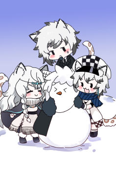 Rule 34 | > <, 1boy, 2girls, :3, :d, animal ear fluff, animal ears, arknights, black boots, black cape, black gloves, black jacket, black necktie, blue background, blue scarf, blush, boots, braid, brother and sister, cape, checkered clothes, chibi, cliffheart (arknights), closed eyes, closed mouth, commentary request, dress, fur-trimmed boots, fur-trimmed cape, fur trim, gloves, gradient background, grey hair, hat, head chain, highres, jacket, jewelry, juexing (moemoe3345), long hair, multiple girls, necktie, newsboy cap, open mouth, pramanix (arknights), scarf, shirt, short hair, siblings, silverash (arknights), silverash family (arknights), sisters, smile, snow, snow leopard boy, snow leopard ears, snow leopard girl, snow leopard tail, snowman, sweatdrop, tail, v-shaped eyebrows, very long hair, white hair, white hat