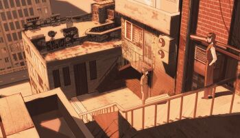 2girls black_vest brown_hair building city condenser_unit full_body hands_in_pockets hat long_hair looking_at_another ma_someru multiple_girls original outdoors railing road scenery shirt stairs standing street sunset vest warm_colored white_shirt window