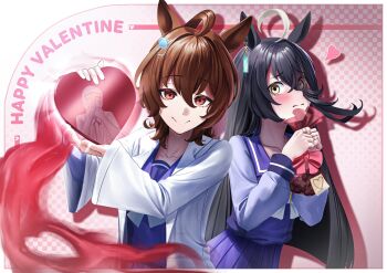 Rule 34 | 2girls, absurdres, agnes tachyon (umamusume), ahoge, animal ears, black hair, blush, bow, bowtie, box, brown hair, coat, commentary, gift, hair between eyes, hair intakes, happy valentine, heart-shaped box, highres, holding, holding box, holding gift, horse ears, horse girl, horseshoe ornament, lab coat, long hair, long hair between eyes, looking at viewer, manhattan cafe (umamusume), manjo (warito), medium hair, multiple girls, open clothes, open coat, purple sailor collar, purple shirt, purple skirt, red eyes, sailor collar, sailor shirt, school uniform, shirt, skirt, smile, t-head trainer (umamusume), tracen school uniform, trainer (umamusume), umamusume, white bow, white bowtie, white coat, yellow eyes
