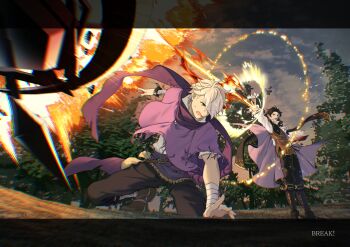 1other 2boys bag bandaged_arm bandaged_leg bandages bangle belt black_border black_cape black_pants black_socks blue_sky book border bracelet brown_belt brown_hair brown_vest cape chromatic_aberration cloud commentary_request cyrus_albright ducking dusk english_text fire floating_clothes fringe_trim from_below gold_trim gradient_sky green_eyes hair_over_one_eye highres holding holding_book jewelry letterboxed long_sleeves magic male_focus mmr4304 motion_blur multiple_boys octopath_traveler octopath_traveler_i open_book open_mouth orange_sky outdoors pantaloons pants poncho purple_cape purple_poncho purple_scarf pyrokinesis scarf shirt short_hair short_sleeves sky socks sweatdrop therion_(octopath_traveler) torn_clothes torn_scarf tree two-sided_cape two-sided_fabric vest white_hair white_shirt