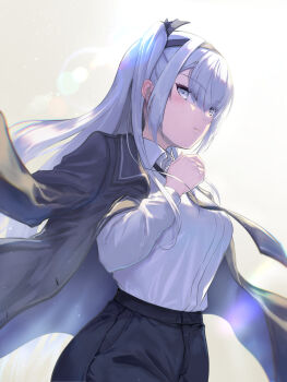 Rule 34 | 1girl, alternate costume, black headband, black jacket, black necktie, black pants, collared shirt, commentary request, cowboy shot, dress shirt, fuyutsuki (kancolle), gradient background, grey eyes, grey hair, headband, highres, isasin929, jacket, jacket on shoulders, kantai collection, long hair, necktie, one side up, pants, shirt, solo, white background, white shirt