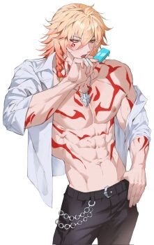 Rule 34 | 1boy, abs, arm tattoo, armlet, belt, black belt, black pants, blonde hair, braid, chest tattoo, collared shirt, commentary, cowboy shot, facial tattoo, food, gradient hair, highres, holding, holding food, holding popsicle, honkai: star rail, honkai (series), jewelry, licking, licking finger, male focus, medium hair, melting popsicle, multicolored hair, muscular, muscular male, mydei (honkai: star rail), necklace, nocnoc, off shoulder, open clothes, open shirt, pants, pectorals, popsicle, red hair, red tattoo, shirt, side braid, simple background, solo, tattoo, toned, toned male, white background, white shirt, yellow eyes