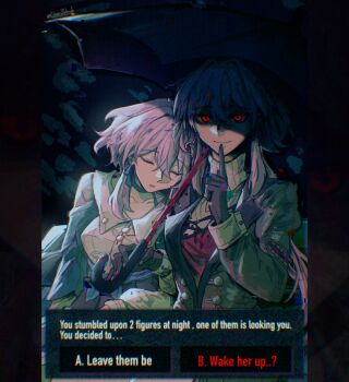 2girls absurdres artist_name black_background black_border black_choker black_dress black_flower black_gloves blue_jacket blue_skirt border buttons cesar_zebrah choice choker closed_eyes closed_mouth clothing_cutout collarbone collared_shirt commentary dress dual_persona earrings empty_eyes english_commentary english_text evernight_(honkai:_star_rail) flower glitch gloves hair_between_eyes hair_flower hair_ornament hands_up highres holding holding_umbrella honkai:_star_rail honkai_(series) index_finger_raised jacket jewelry lapels leaning_on_person leaning_to_the_side long_hair long_sleeves looking_at_viewer low_twintails march_7th_(honkai:_star_rail) march_7th_(preservation)_(honkai:_star_rail) multiple_girls no_i'm_not_a_human official_alternate_costume official_alternate_hairstyle open_mouth pink_hair pleated_skirt puffy_long_sleeves puffy_sleeves red_eyes selfcest shirt short_hair shoulder_cutout sidelocks simple_background single_bare_shoulder single_earring sitting skirt sleeping smile tied_jacket twintails two-tone_dress umbrella white_dress white_shirt yuri