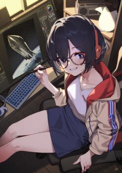 1girl 92m :d bare_legs black_eyes black_hair black_thighhighs bright_pupils brown_jacket chair coffee coffee_mug collarbone cup desk drawing_(action) feet_out_of_frame from_above glasses grin headphones high-waist_skirt highres hood hood_down hooded_jacket indoors jacket long_sleeves looking_at_viewer looking_up mug on_chair open_clothes open_jacket open_mouth original parted_lips radio red-framed_eyewear shelf shirt short_hair signature sitting skirt smile solo stuffed_animal stuffed_penguin stuffed_toy thighhighs white_shirt wooden_floor