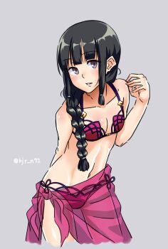 Rule 34 | 1girl, arm behind back, bad id, bad pixiv id, bikini, black eyes, black hair, blunt bangs, braid, breasts, cosplay, fate/grand order, fate (series), female focus, highres, hijirin, hime cut, kantai collection, kitakami (kancolle), leaning forward, long hair, looking at viewer, pink bikini, sarong, scathach (fate), scathach (fate) (cosplay), scathach (fate/grand order), scathach (swimsuit assassin) (fate), scathach (swimsuit assassin) (fate) (cosplay), school uniform, serafuku, sidelocks, single braid, small breasts, solo, swimsuit, twitter username