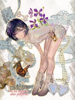 1girl alien_stage alternate_costume bent_over black_hair boots commentary commission earrings eliasis english_text flower full_body hair_ornament hashtag-only_commentary heart heart_locket highres jewelry locket monarch_butterfly necklace pearl_earrings pearl_necklace pendant purple_eyes purple_flower rabbit_hair_ornament safety_pin shirt short_hair skirt smile solo sua_(alien_stage) white_boots white_flower white_shirt white_skirt