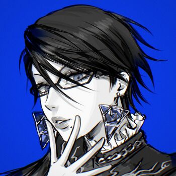 1girl bayonetta bayonetta_(series) black_hair blue_background blue_eyes chromatic_aberration earrings film_grain glasses hand_on_own_face hashtag-only_commentary highres jewelry lip_balm mole mole_under_mouth myoart portrait short_hair