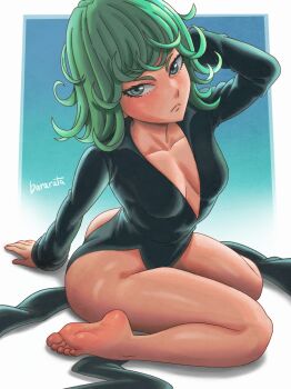 Rule 34 | 1girl, arm up, ass, bararuta, bare legs, barefoot, breasts, cleavage, collared dress, dress, female focus, full body, green eyes, green hair, highres, kneeling, looking at viewer, matching hair/eyes, one-punch man, short hair, simple background, small breasts, solo, tatsumaki