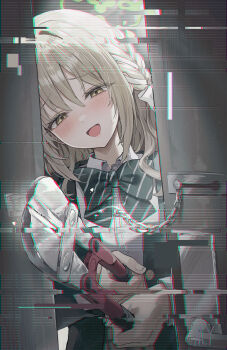 1girl blue_archive bolt_cutters bow bowtie braid broken broken_chain chain commentary_request diagonal-striped_bow diagonal-striped_bowtie diagonal-striped_clothes distortion door flower_halo green_bow green_bowtie green_halo green_jacket hair_bow hair_ribbon halo highres holding jacket lock miyo_(blue_archive) myung_yi open_mouth ribbon ribbon_braid smile solo striped_bow striped_bowtie striped_clothes upper_body white_bow yandere_trance