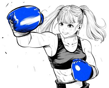 Rule 34 | 1girl, abs, blue gloves, boxing, boxing gloves, boxing shorts, breasts, collarbone, commentary request, gloves, greyscale, hatching (texture), highres, lee (dragon garou), medium breasts, midriff, monochrome, motion lines, mouth guard, original, punching, shorts, smile, solo, sports bra, spot color, sweat, toned, toned female, twintails