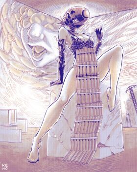 1girl apron barefoot bomb_devil_(chainsaw_man) breasts chainsaw_man dynamite elbow_gloves explosive gloves highres medium_breasts monochrome object_head reno_flac teeth typhoon_devil_(chainsaw_man)