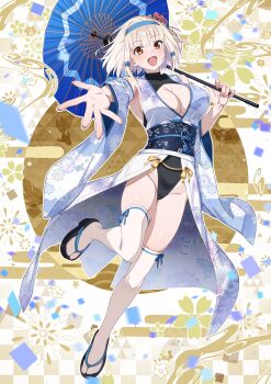 1girl :d absurdres black_leotard black_sandals blue_hairband blue_umbrella breasts cleavage cleavage_cutout clothing_cutout commentary_request dress hairband highres holding holding_umbrella kawaruhi leotard medium_hair oil-paper_umbrella open_mouth original print_dress sandals smile solo thighhighs tongue umbrella white_hair white_thighhighs