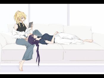 2girls ayase_eli blonde_hair blue_eyes commentary_request couch green_eyes highres holding_hands k.jhitsugi long_hair love_live! love_live!_school_idol_project lying_on_lap multiple_girls open_mouth ponytail purple_hair scrunchie sleeveless smile tojo_nozomi turtleneck white_scrunchie yuri