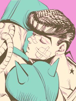 2boys bandaid bandaid_on_face bandaid_on_nose birthmark casual closed_eyes crazy_diamond diamond_wa_kudakenai higashikata_josuke hug joestar_birthmark jojo_no_kimyou_na_bouken merumeru626 multiple_boys pompadour sarashi stand_(jojo)