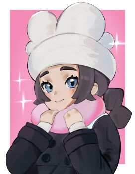 1girl absurdres ansha_(pokemon) arupg black_coat black_hair blue_eyes blush braid closed_mouth coat hat highres long_hair long_sleeves looking_at_viewer nintendo pink_background pink_scarf pokemon pokemon_legends:_z-a scarf smile solo star_(symbol) upper_body white_hat winter_clothes winter_coat