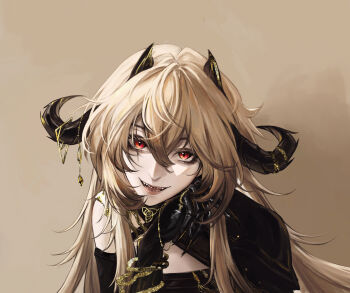 1girl bei_lin black_gloves blonde_hair bracelet chinese_commentary claws commentary cream_background crossed_bangs gloves gold_bracelet gold_ring gradient_background hair_between_eyes head_tilt highres horn_ornament horns jewelry long_hair looking_at_viewer open_mouth path_to_nowhere red_eyes scar scar_across_eye scar_on_face sharp_teeth simple_background single_bare_shoulder single_shoulder_pad slit_pupils smile solo straight-on synex_(path_to_nowhere) teeth upper_body