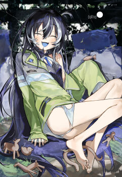 1girl :d ^_^ absurdres bare_legs barefoot black_hair black_shirt blue_necktie blue_tongue breasts brooch closed_eyes clothing_cutout colored_tongue commentary fang full_body green_jacket hair_between_eyes hand_up high_collar highres holding holding_toy jacket jewelry leaning_back legs_up long_hair long_sleeves messy_hair multicolored_hair multicolored_jacket necktie no_pants off-shoulder_jacket off_shoulder one_side_up open_mouth original outdoors panties seeshin_see shirt single_bare_shoulder single_sleeve_past_fingers sitting sleeveless sleeveless_shirt small_breasts smile solo toy underwear very_long_hair white_hair white_panties