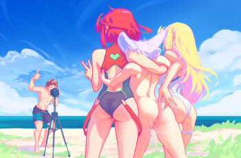 1boy 3girls after_fingering anus ass back_cutout beach bisexual_female blonde_hair camera clothed_female_nude_female clothing_cutout completely_nude excessive_pussy_juice female_ejaculation from_behind girl_sandwich gormottograph grey_hair group_picture highres husband_and_wives male_swimwear multiple_girls mythra_(radiant_beach)_(xenoblade) mythra_(xenoblade) nia_(xenoblade) nude polygamy pussy pussy_juice pussy_juice_on_fingers pussy_juice_trail pyra_(pro_swimmer)_(xenoblade) pyra_(xenoblade) red_hair rex_(cloud_sea_shark)_(xenoblade) rex_(xenoblade) sandwiched standing swim_trunks thumbs_up v xenoblade_chronicles_(series) xenoblade_chronicles_2 yuri