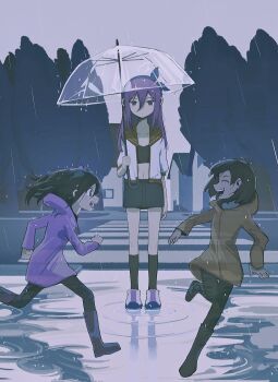 1boy 2girls absurdres aged_down aubrey_(faraway)_(omori) aubrey_(omori) black_hair blue_skirt bow_hairband brown_hair closed_eyes crop_top crosswalk dangoiz denim denim_skirt hair_behind_ear hairband highres holding holding_umbrella jacket kel_(faraway)_(omori) kel_(omori) long_hair long_sleeves multiple_girls omori open_clothes open_jacket outdoors pink_hair rain raincoat short_hair short_sleeves skirt smile teeth umbrella upper_teeth_only white_jacket