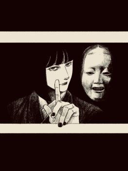 1girl black_background black_hair black_nails blunt_bangs bob_cut greyscale highres index_finger_raised long_hair medium_hair monochrome original solo tp_p_pt