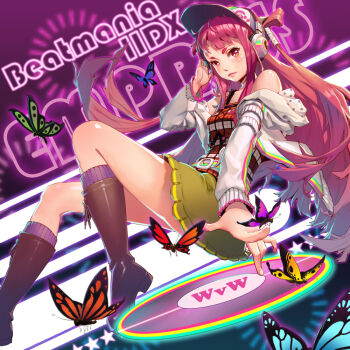 1girl baseball_cap beatmania_iidx beatmania_iidx_16_empress belt bemani blush boots brown_boots bug butterfly chinese_commentary commentary_request copyright_name green_skirt hat headphones insect jacket lips long_sleeves looking_at_viewer open_clothes open_jacket pink_hair purple_socks red_tank_top skirt socks solo tank_top two_side_up umegiri_ameto vinyl_record w2398510474 white_jacket