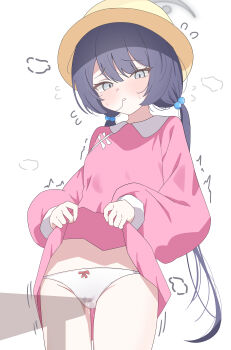 Rule 34 | 1girl, absurdres, black hair, blue archive, blush, bow, bow panties, clothes lift, collared dress, commentary request, cowboy shot, crotch rub, dress, dress lift, female masturbation, flying sweatdrops, grey eyes, grey halo, hair bobbles, hair ornament, halo, hat, highres, kanimiso30601, kindergarten uniform, kisaki (blue archive), kisaki (kindergarten uniform) (blue archive), lifting own clothes, long hair, long sleeves, looking at viewer, low twintails, masturbation, panties, parted lips, pink dress, pink shirt, puffy long sleeves, puffy sleeves, pussy juice, school hat, shirt, simple background, smock, solo, table humping, trembling, twintails, underwear, white background, white panties, yellow hat