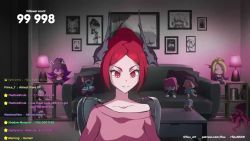 &gt;_&lt; 1girl animated artist_name audible_speech body_writing bouncing_breasts breasts chat_log cleavage closed_eyes clothes_lift collarbone couch demon_girl demon_horns english_audio fangs flashing flou_(flou_art) happy highres horns large_breasts livestream long_sleeves navel nipple_piercing nipples no_bra open_mouth original piercing pink_shirt pixiewillow pointy_ears pout puffy_nipples red_eyes red_hair rinn_(flou) shirt shirt_lift sitting sound stomach teeth twitch video