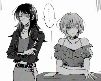 Rule 34 | ..., 2girls, arms on table, averting eyes, bang dream!, bang dream! it's mygo!!!!!, breasts, choker, closed mouth, collarbone, cowboy shot, cropped jacket, frilled shirt, frills, greyscale, jacket, long hair, long sleeves, maybecrosswise, medium breasts, monochrome, multiple girls, off-shoulder shirt, off shoulder, open clothes, open jacket, puffy short sleeves, puffy sleeves, shared speech bubble, shirt, short sleeves, sidelocks, simple background, speech bubble, spoken ellipsis, white background, yahata umiri, yuutenji nyamu