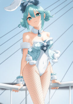 1girl :3 absurdres against_railing amaama_(beccyonaika1) animal_ears aqua_eyes aqua_hair aqua_vest bare_shoulders bicute_bunnies_miku bicute_bunnies_miku_(white_bunny) blush bow closed_mouth covered_navel double_bun eyelashes fishnet_pantyhose fishnets fur-trimmed_vest fur_trim hair_bow hair_bun hatsune_miku highleg highleg_leotard highres leotard pantyhose playboy_bunny pom_pom_(clothes) rabbit_ears railing smile solo standing vest vocaloid white_leotard wrist_cuffs