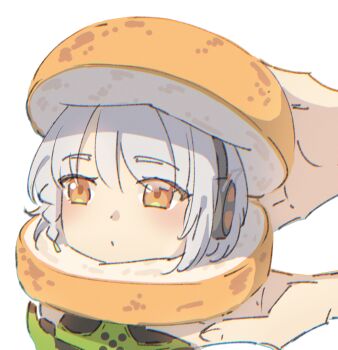 1girl 1other 53c_(ray_cordova) anby_demara bread brown_eyes closed_mouth commentary english_commentary food grey_hair headphones out_of_frame simple_background white_background zenless_zone_zero