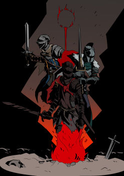 Rule 34 | 3others, absurdres, ambiguous gender, armor, ashen one (dark souls), bearer of the curse, black armor, blue tunic, brown gloves, brown tunic, cape, chosen undead, commentary, dark souls (series), dark souls i, dark souls ii, dark souls iii, darksign (dark souls), english commentary, fire, full body, gauntlets, gloves, green shirt, headaxe4862, helm, helmet, high contrast, highres, holding, holding sword, holding weapon, knight, multiple others, other focus, red cape, shirt, standing, sword, tunic, weapon