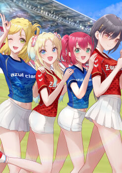 4girls :d ;d absurdres aqua_eyes azul_claro_numazu black_hair blonde_hair blue_eyes blue_hair blue_shirt braid breasts closed_mouth commentary crown_braid flower gradient_hair hair_flower hair_intakes hair_ornament hair_rings hand_on_another&#039;s_shoulder highres in-franchise_crossover jellyfish_cut katsuragi_izumi kobassy kurosawa_ruby large_breasts lens_flare link!_like!_love_live! long_hair looking_at_viewer love_live! love_live!_sunshine!! medium_breasts medium_hair micro_shorts microskirt midriff multicolored_hair multiple_girls navel ohara_mari one_eye_closed one_side_up open_mouth orange_eyes osawa_rurino outdoors parted_bangs pink_flower red_shirt shirt short_sleeves shorts single_hair_ring skirt slit_pupils smile soccer_uniform split_mouth sportswear stadium teeth triangle_hair_ornament twintails two_side_up upper_teeth_only v white_skirt zweigen_kanazawa