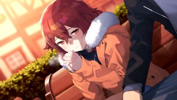Rule 34 | 1boy, 1girl, absurdres, breath, coat, game cg, hans.b, highres, interlocked fingers, kisaragi souko, light smile, long hair, outdoors, own hands together, red eyes, red hair, sitting, solo focus, teikan no eve bethel, twilight