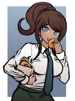 1girl asahina_aoi blue_background blue_eyes blue_necktie border box breasts brown_hair collared_shirt commentary danganronpa_(series) danganronpa_3_(anime) dark-skinned_female dark_skin donut eyelashes food highres holding holding_box holding_donut holding_food ktokei_(kurokku-tokei) long_hair long_sleeves necktie open_mouth ponytail shirt sidelocks simple_background smile solo tan teeth upper_teeth_only white_border white_shirt