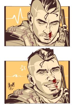 1boy bags_under_eyes blood call_of_duty call_of_duty:_modern_warfare_2 cardiogram closed_mouth cobalt_beam commentary english_commentary grin highres injury looking_at_viewer male_focus mohawk nosebleed scar scar_on_head sequential short_hair signature smile soap_(modern_warfare_2) star_(symbol) teeth