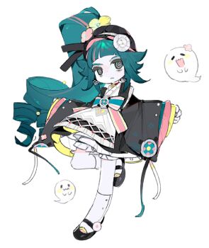 1girl blue_hair bow dress full_body hat highres holding long_sleeves looking_at_viewer original shoes smile