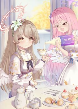 >_< absurdres amazake_(drink) angel_wings blue_archive blurry blurry_background blush bottle brown_eyes brown_hair buttons cake cake_slice commentary cup dessert double-breasted drunk feathered_wings flower food fork gold_trim hair_between_eyes hair_bun hair_flower hair_ornament halo highres holding holding_bottle holding_cup knife kurokoas looking_at_viewer low_wings mika_(blue_archive) nagisa_(blue_archive) open_mouth pink_hair pink_halo plate pudding red_halo single_hair_bun sitting smile spoon strawberry_cake sugar_cube swiss_roll teacup teapot tongs white_flower white_overskirt white_wings wings