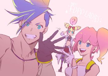 Rule 34 | 1boy, 2girls, ?, aina ardebit, black bra, black gloves, blonde hair, blue eyes, blue hair, bra, collarbone, commentary request, double bun, galo thymos, gas mask, gloves, goggles, goggles on head, green eyes, hair bun, highres, lucia fex, mask, multiple girls, open mouth, pac-man eyes, pectorals, plytometo, promare, red pupils, shirt, short hair, side ponytail, spoken question mark, striped clothes, striped thighhighs, thighhighs, underwear, waving, white gloves, white shirt