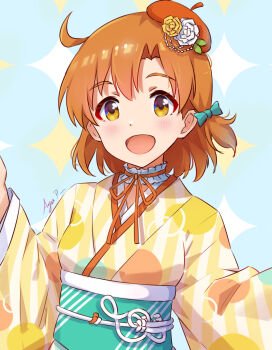 1girl ahoge artist_name blush bow choker commentary_request flower frilled_choker frills green_bow hair_bow hair_flower hair_ornament hat highres idolmaster idolmaster_million_live! japanese_clothes kimono koaya long_sleeves looking_at_viewer obi open_mouth orange_eyes orange_hair orange_hat sash short_hair signature smile solo upper_body white_flower wide_sleeves yabuki_kana yellow_flower yellow_kimono