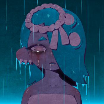 1girl blue_hair chest_sarashi crying crying_with_eyes_open earrings hair_over_one_eye jewelry long_hair looking_at_viewer mike_inel nintendo octoling pointy_ears rain red_eyes sarashi shiver_(splatoon) solo splatoon_(series) splatoon_3 suction_cups tears tentacle_hair