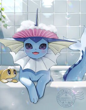 :d air_bubble bathtub blush bubble chromatic_aberration colored_sclera commentary_request fangs foam gen_1_pokemon highres in_bathtub kaminokefusa leaf leaning_on_object lens_flare light_rays looking_at_viewer nintendo open_mouth partially_submerged pokemon pokemon_(creature) purple_sclera rainbow shampoo_hat smile straight-on sunbeam sunlight tatsugiri tatsugiri_(stretchy) tile_wall tiles vaporeon water wet
